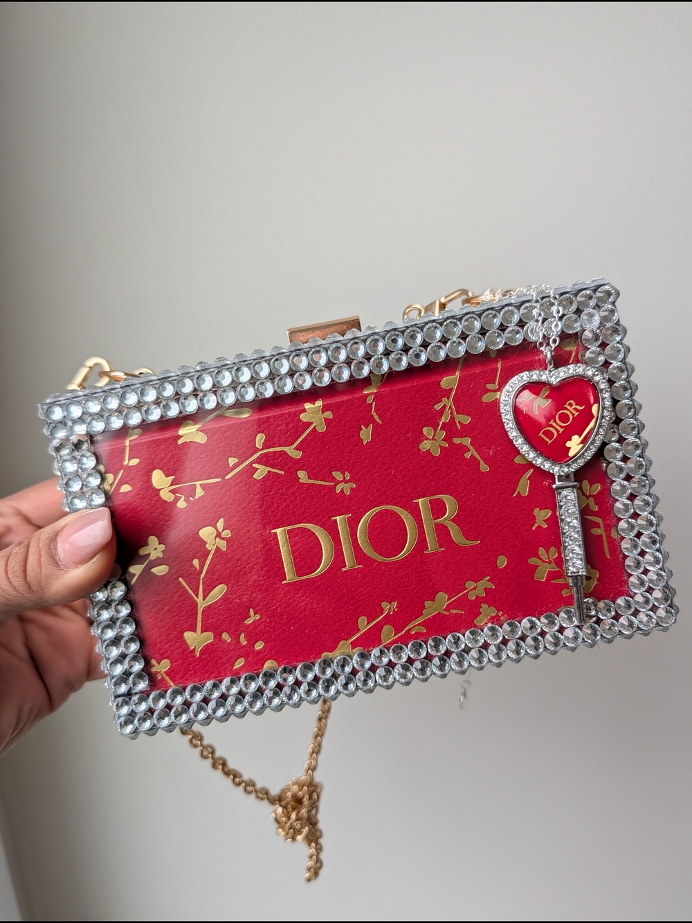 Upcycled Red Crystal-Edged Minaudière with Heart Key Charm - Picture 3 of 5